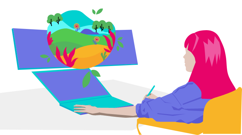 Illustration d'une femme devant ses écrans, en train de dessiner avec une tablette graphique