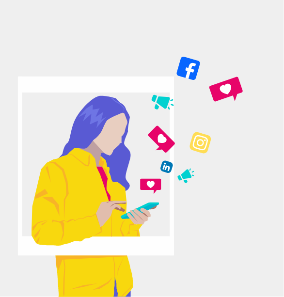 Illustration d'une femme qui regarde son téléphone, des icônes de réseaux sociaux volent autour d'elle