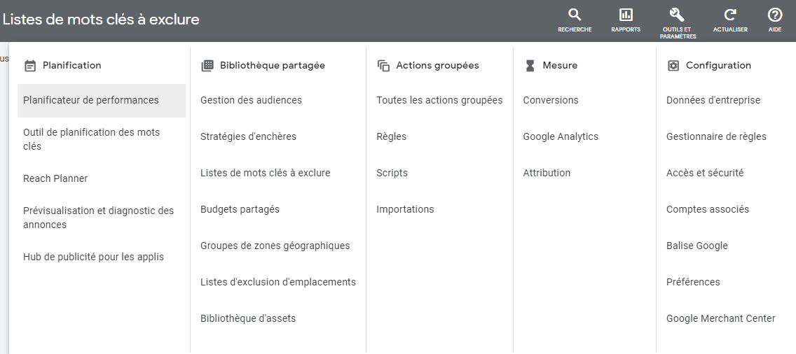 Listes de mots clés à exclure